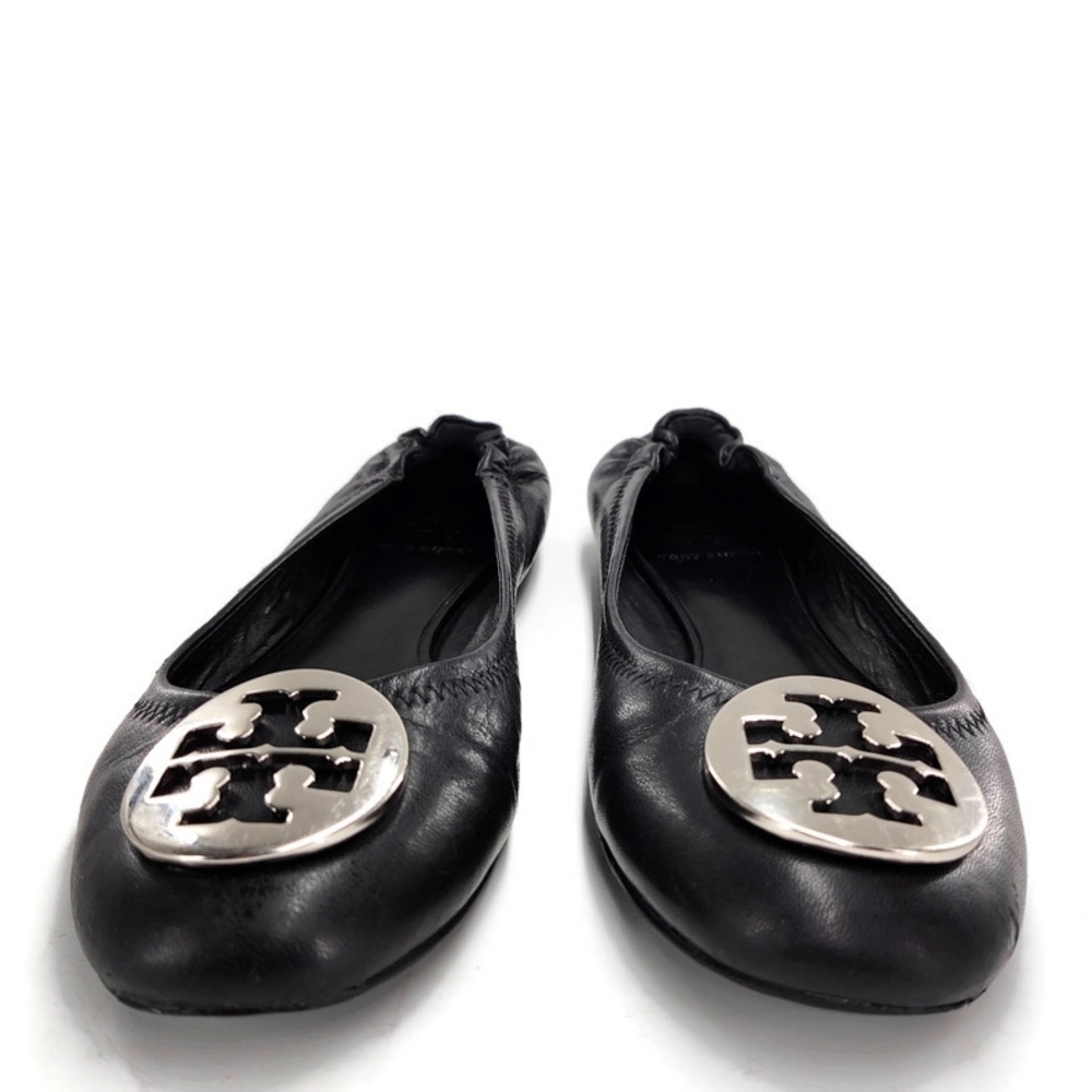 Tory Burch Reva Black Leather Silver-Tone Double-T Medallion Classic Ballet Flat - Picture 3 of 11